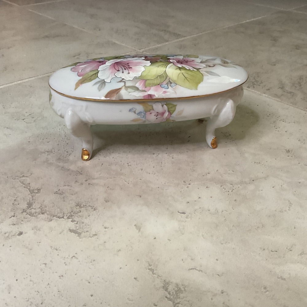 Vintage Porcelain Floral Trinket Box Footed Oval Jewelry Dish Pink Gold Trim